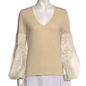 Carolina Herrera Cream V-Neck Blouse with Lace Sleeves